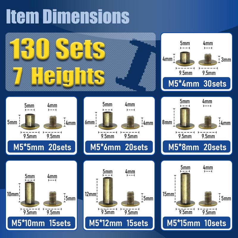 ArcNascency Store 130 مجموعة من براغي شيكاغو البرونزية لمسامير الجلد، 7 أحجام (M5*4,5,6,8,10,12,15) و 3 أطوال براغي (M4*3,4,5) للأحزمة، وتجليد الكتب، وأعمال الجلد اليدوية (برونزي) - Image 2